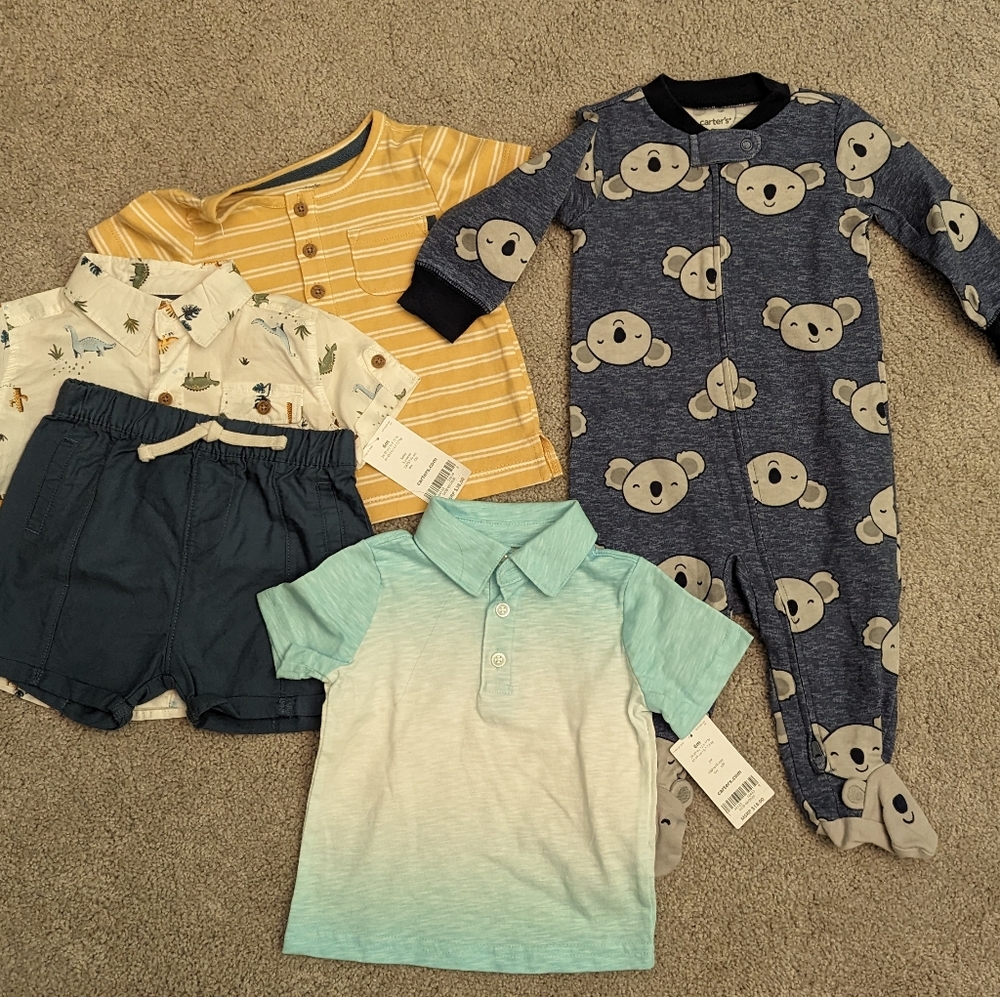 NWT Carter's 5-Pcs Baby Clothing, Shorts, Tops, Sleep and Play, 6 Months